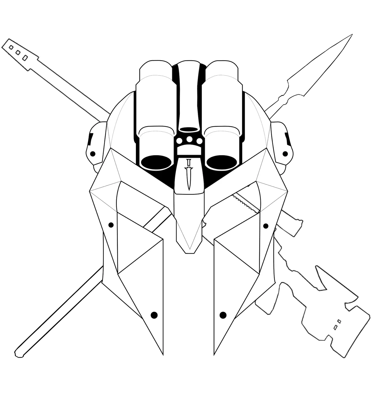 White line version of the mask with a spear and rifle crossed behind it