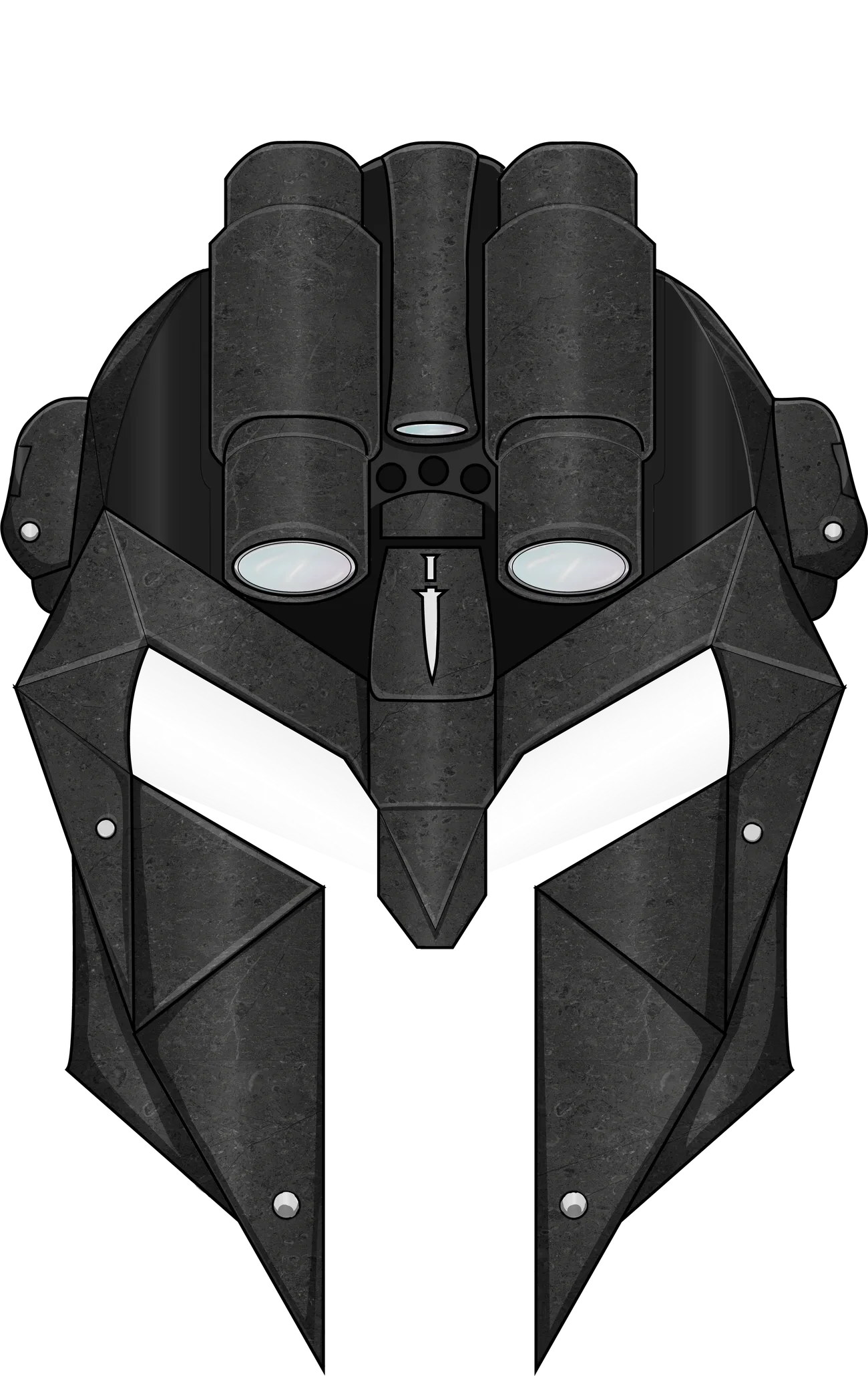 Geometric Spartan helmet mask rendered in black with a faceted metal texture