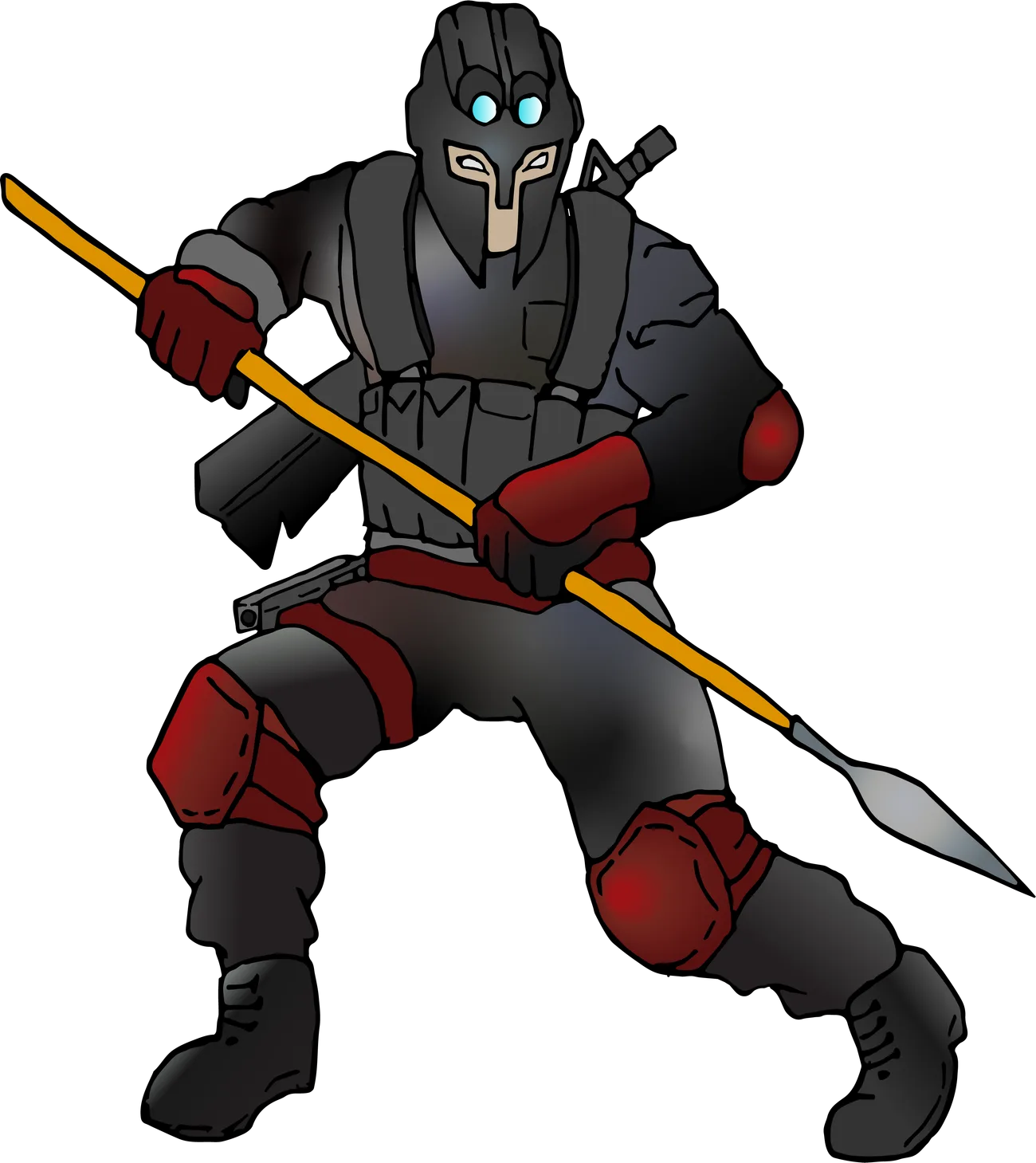 Illustrated warrior in tactical gear holding a spear, wearing the mask
