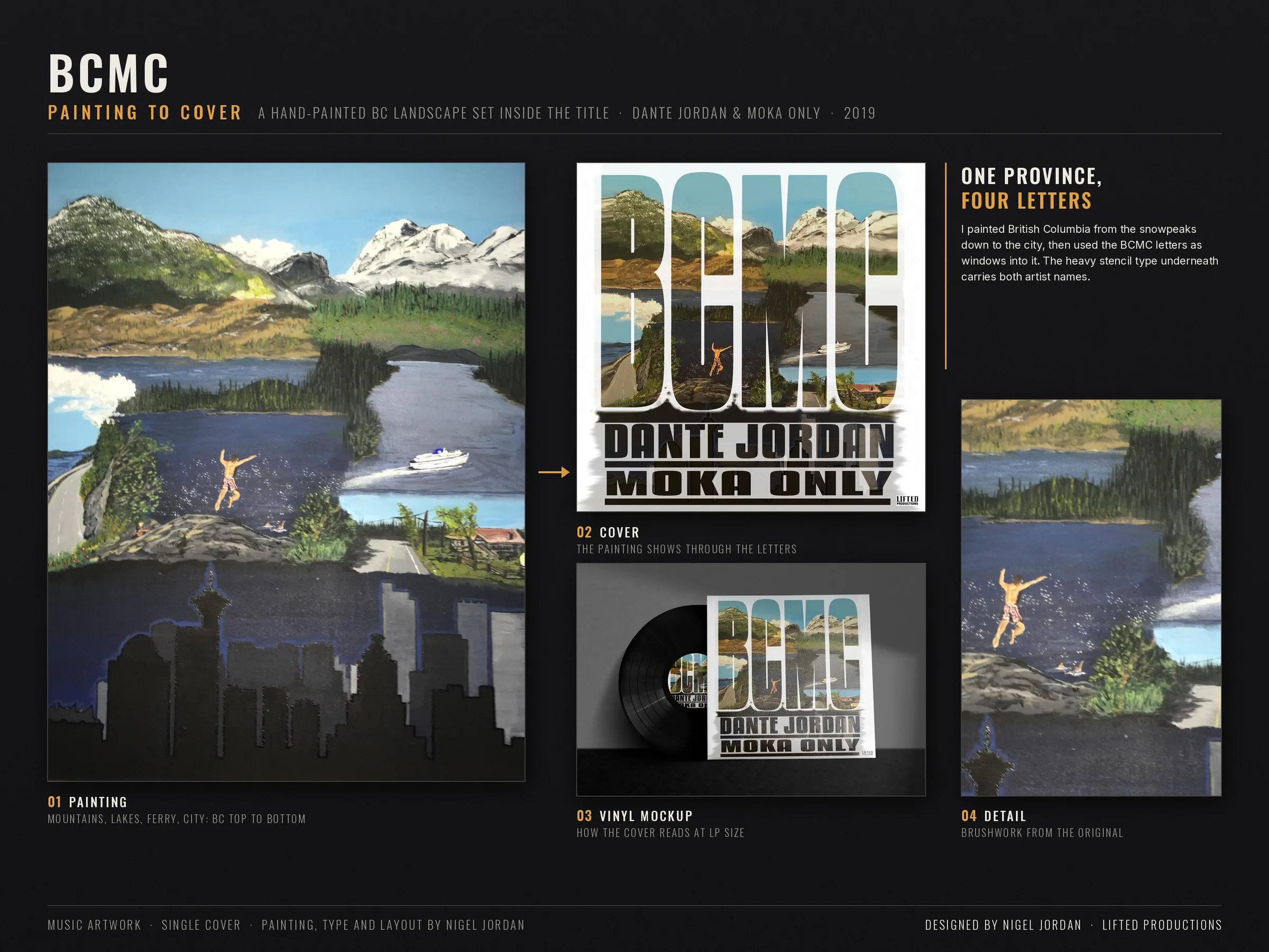 Original BC landscape painting, the BCMC cover with the painting inside the letters, a vinyl mockup and a painting detail