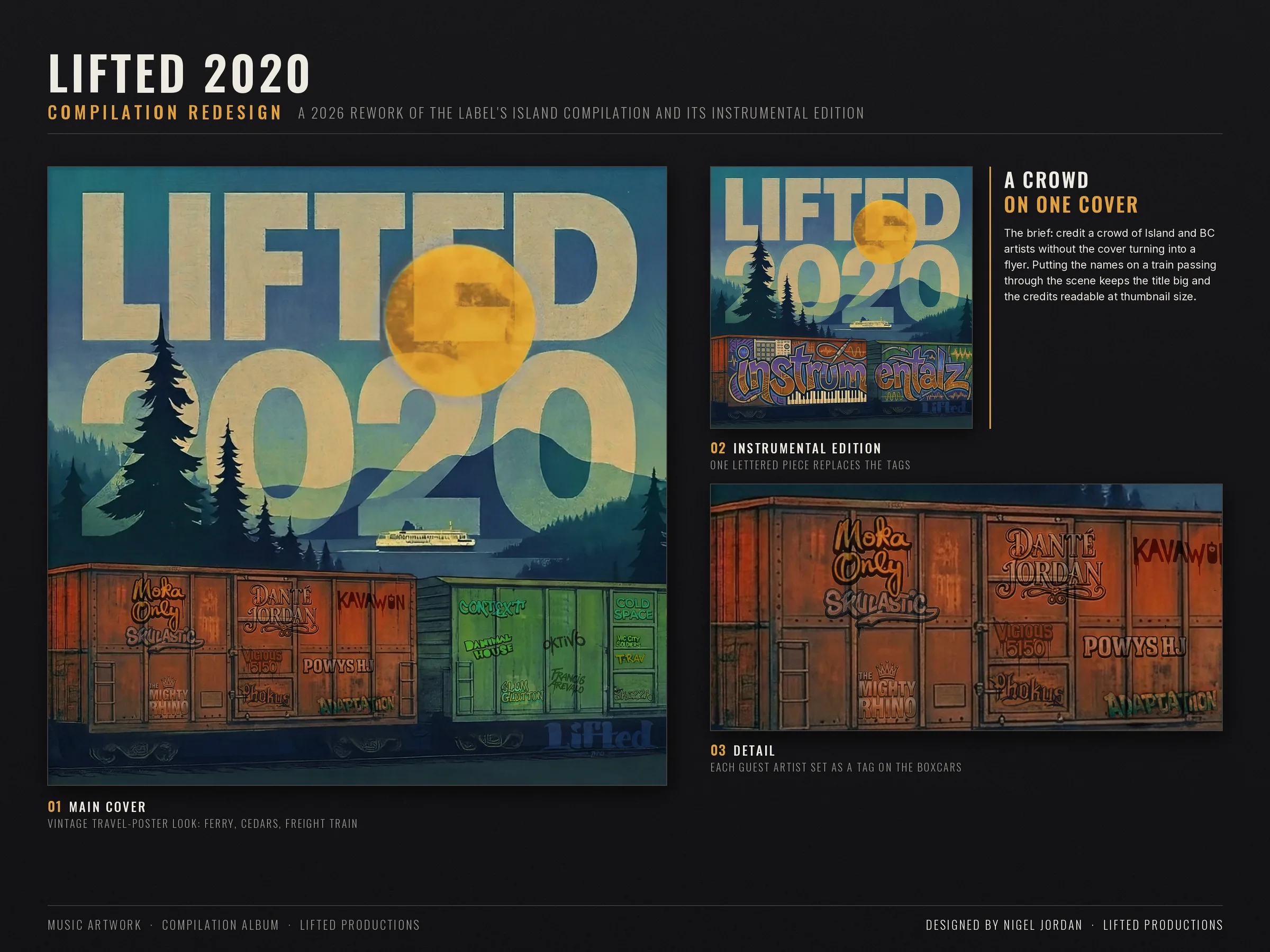 Vintage travel-poster style compilation cover with a ferry, cedars and a freight train, plus the instrumental edition and a boxcar detail