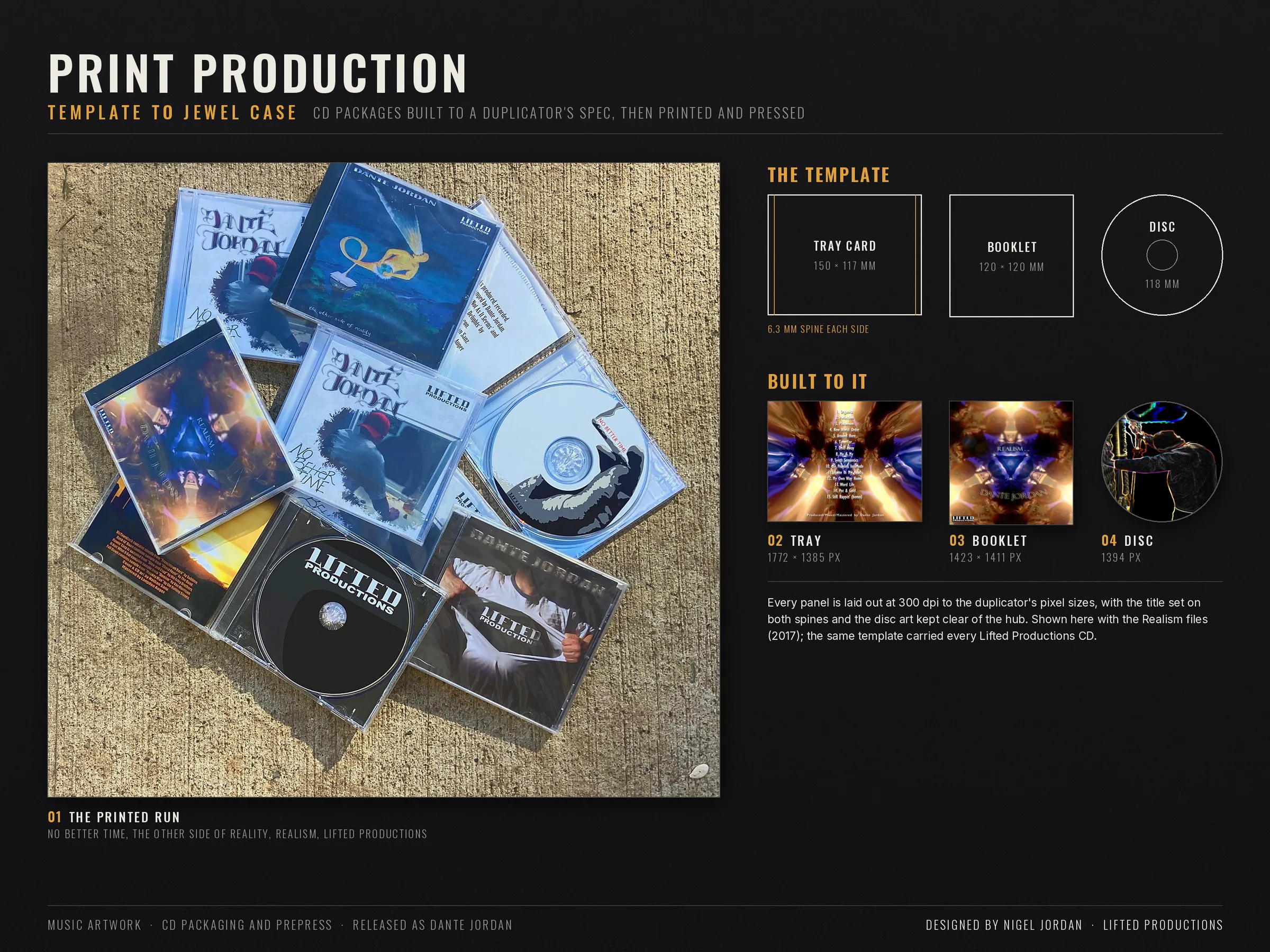 Photo of printed jewel-case CDs beside a scaled tray card, booklet and disc template, with the Realism files built to fit