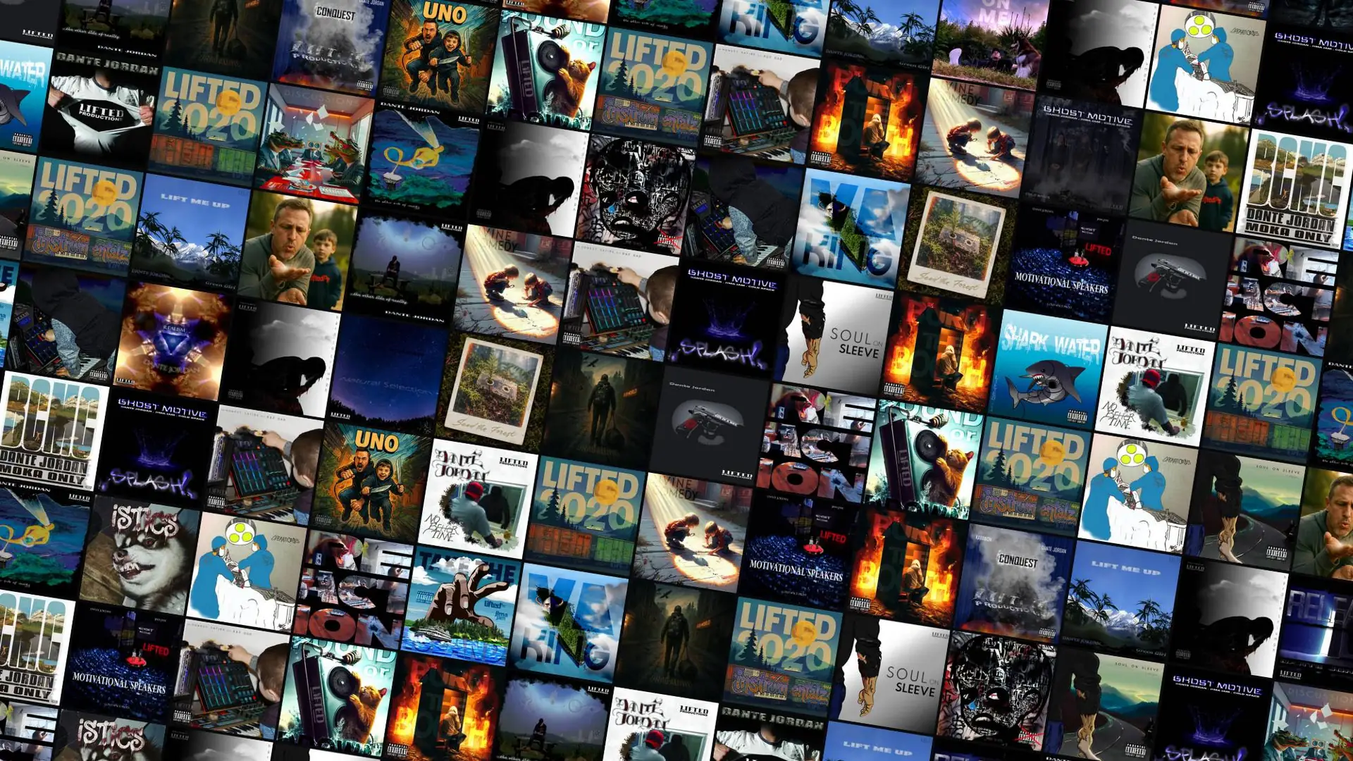 A tilted wall of album and single covers from the LiftedPro catalogue