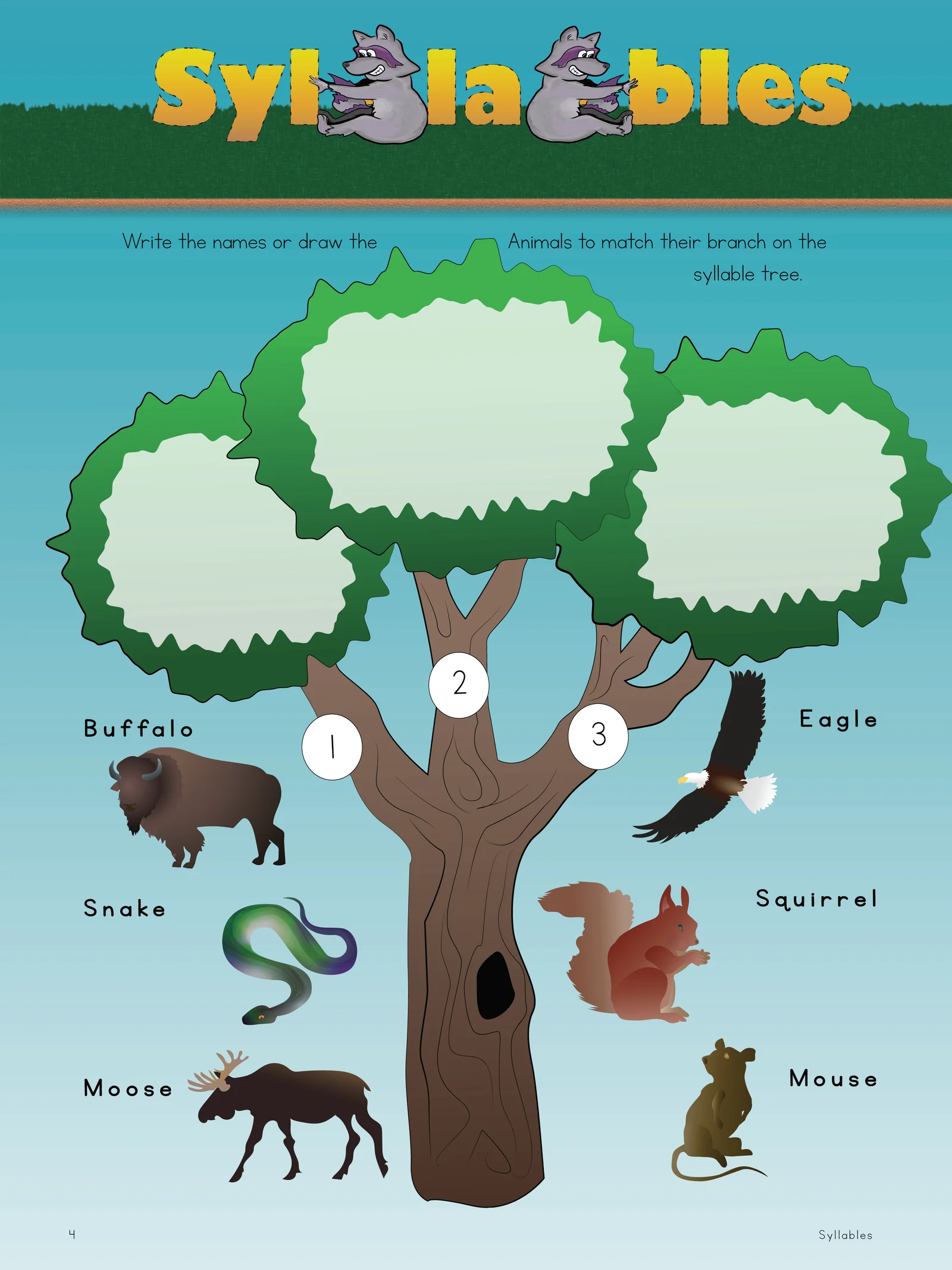 Syllables exercise. A tree with three numbered branches, surrounded by animals named buffalo, snake, moose, eagle, squirrel and mouse, to be sorted by syllable count
