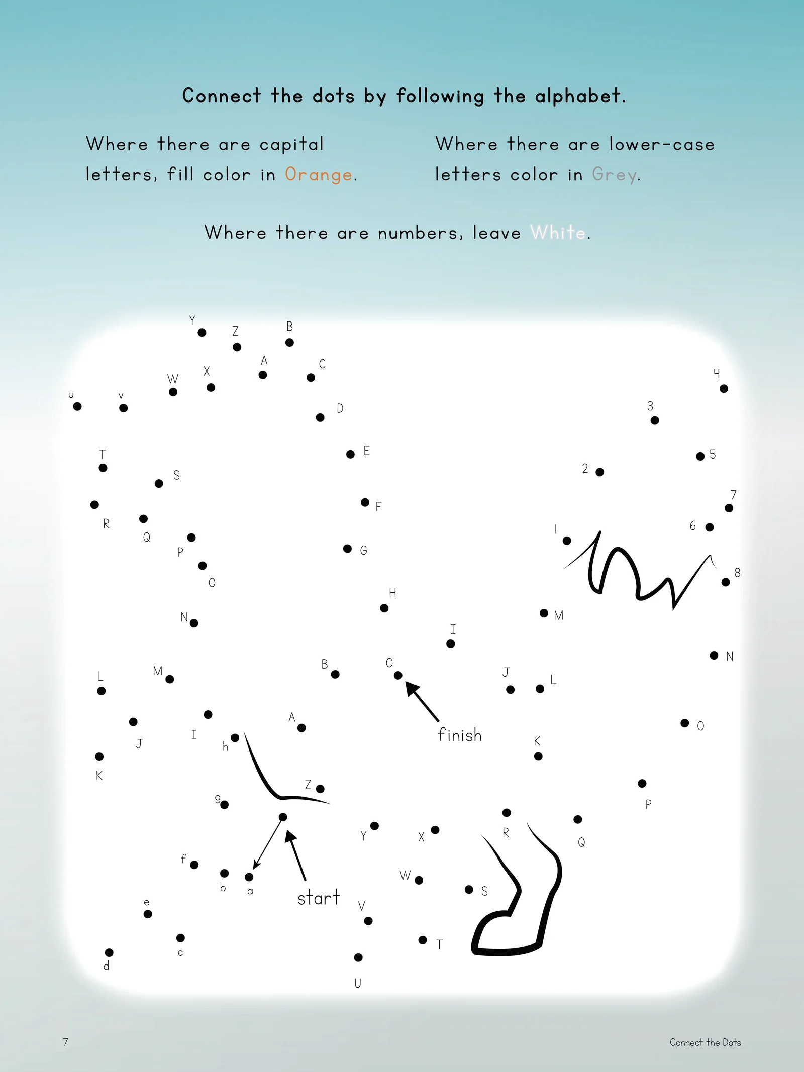 Connect the dots exercise, ordered by the alphabet rather than by number, with the outline part-drawn from a marked start point
