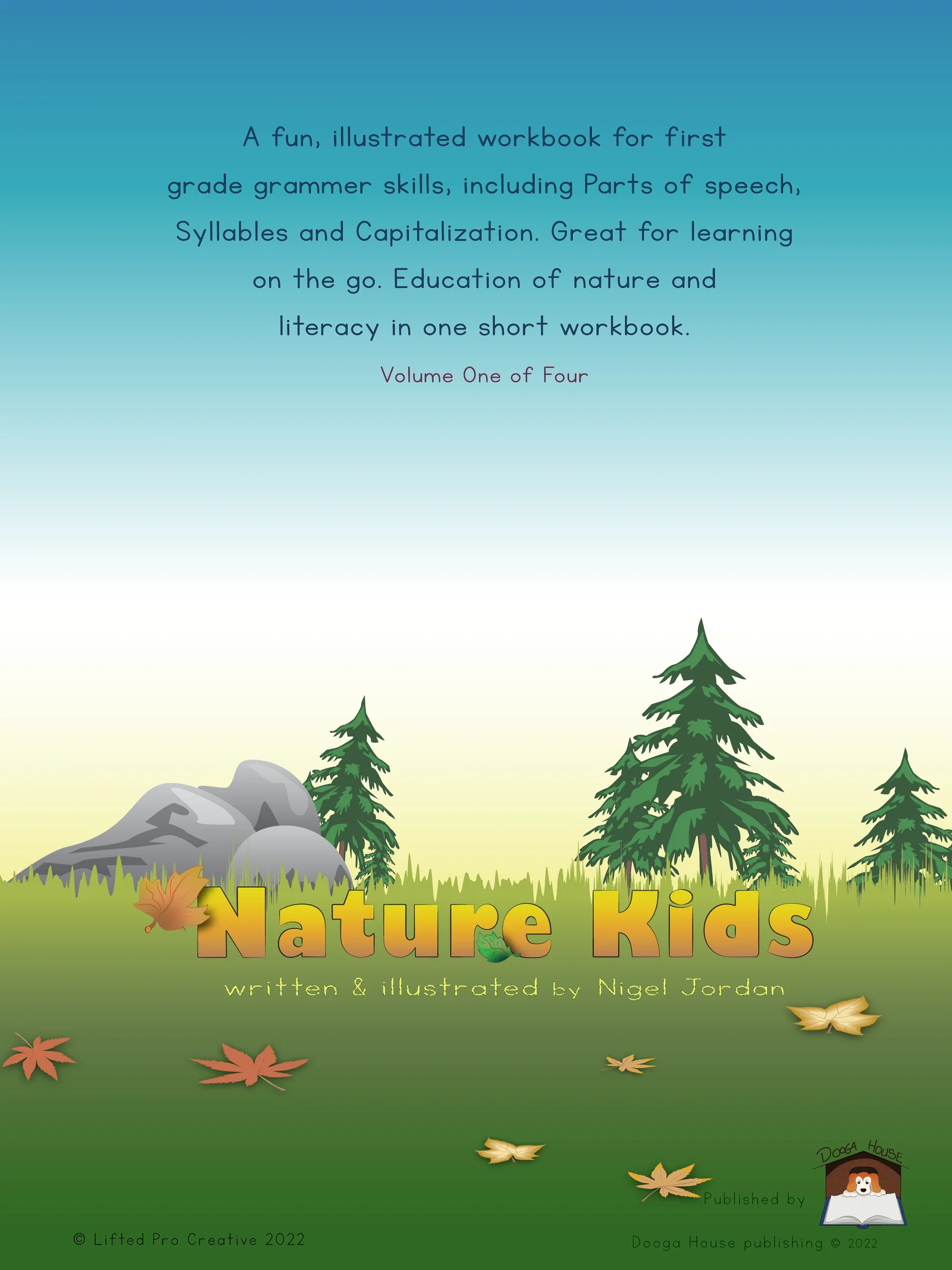 Back cover describing the workbook as covering parts of speech, syllables and capitalisation, above a forest scene and the Nature Kids logo