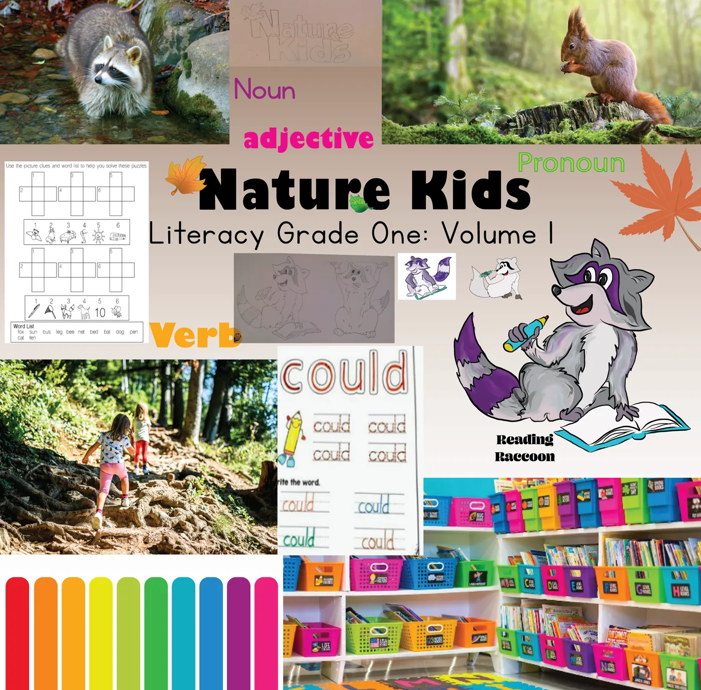 Moodboard collecting children's book illustration references: soft forest palettes, rounded character shapes and hand-lettered display type