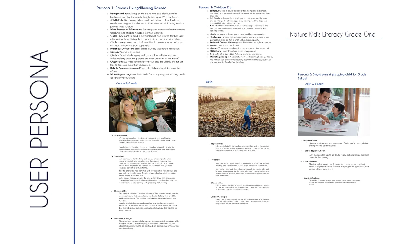 User persona sheet for the parent who prints the workbook, listing their goals, frustrations and the constraints of printing at home
