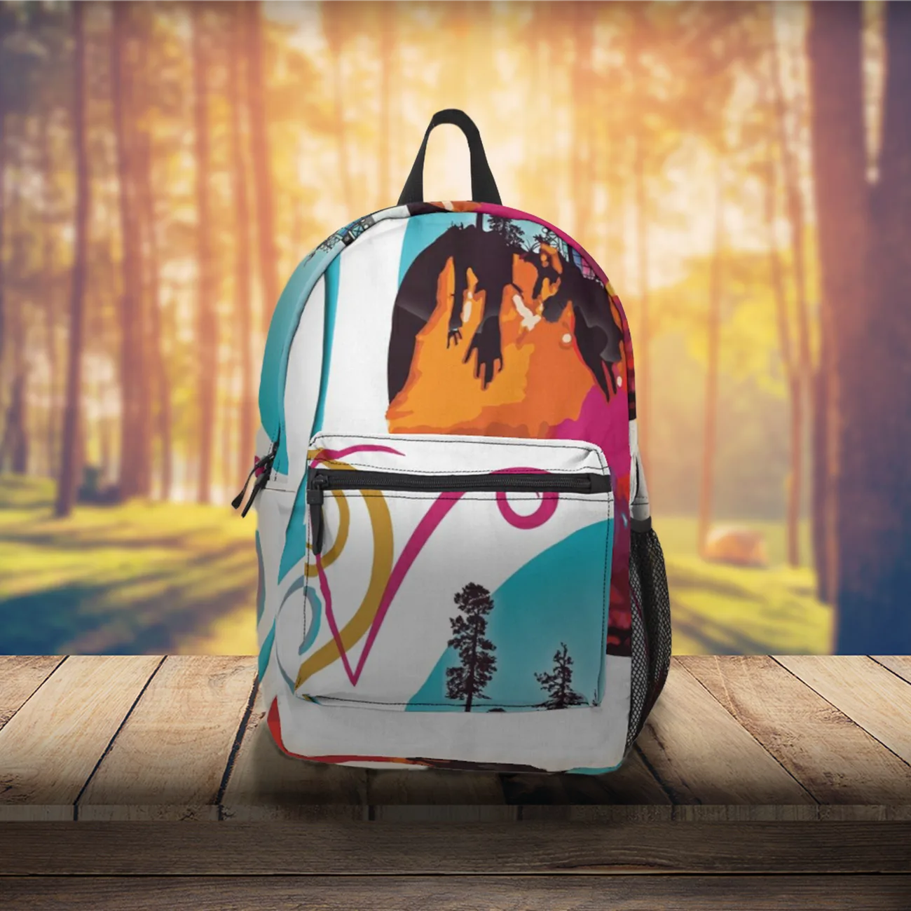 Backpack in teal and pink carrying the festival landscape print, standing on a boardwalk
