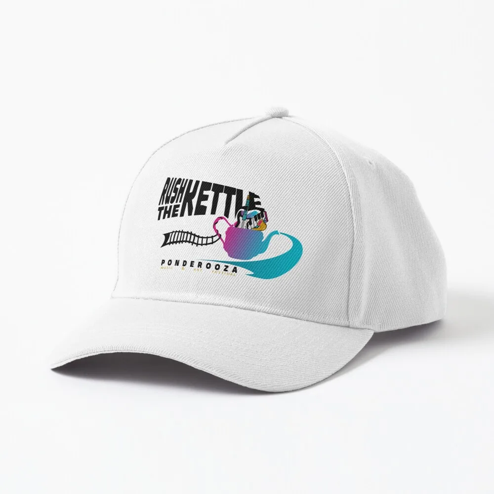 White baseball cap with an embroidered river and bridge design