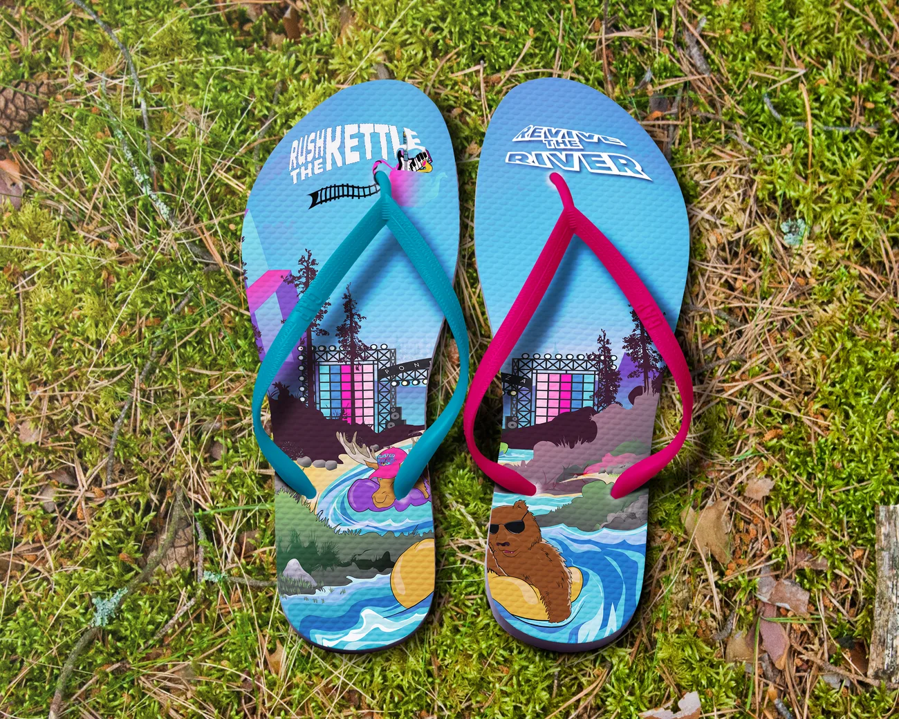 Pair of flip flops on grass printed with the river scene and stage silhouettes
