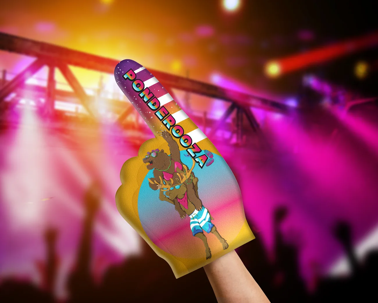 Foam pointing hand printed with the Ponderooza wordmark, raised in a crowd under stage lights