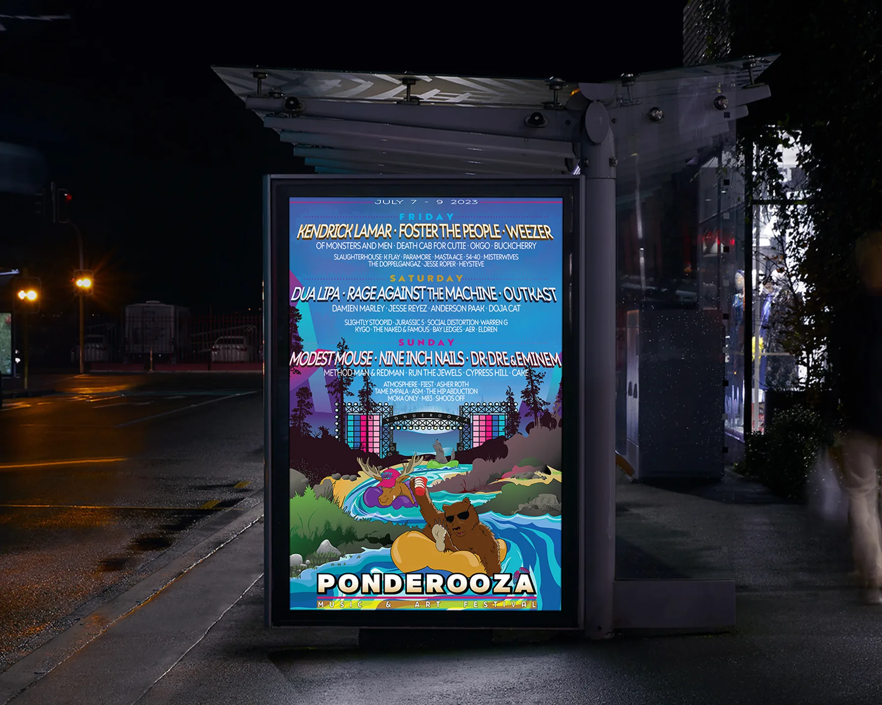 Illuminated bus shelter poster at night on a wet street, showing the Ponderooza lineup above an illustration of a bear floating downriver on an inner tube