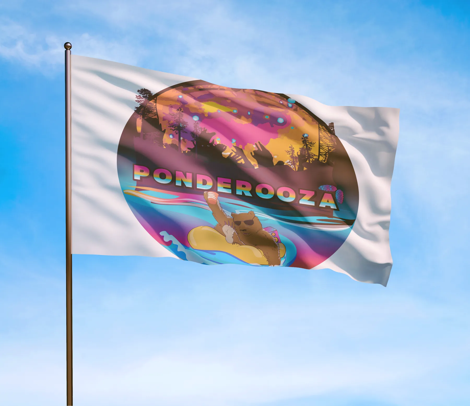 Festival flag flying against a blue sky, carrying a circular badge of a bear floating on an inner tube