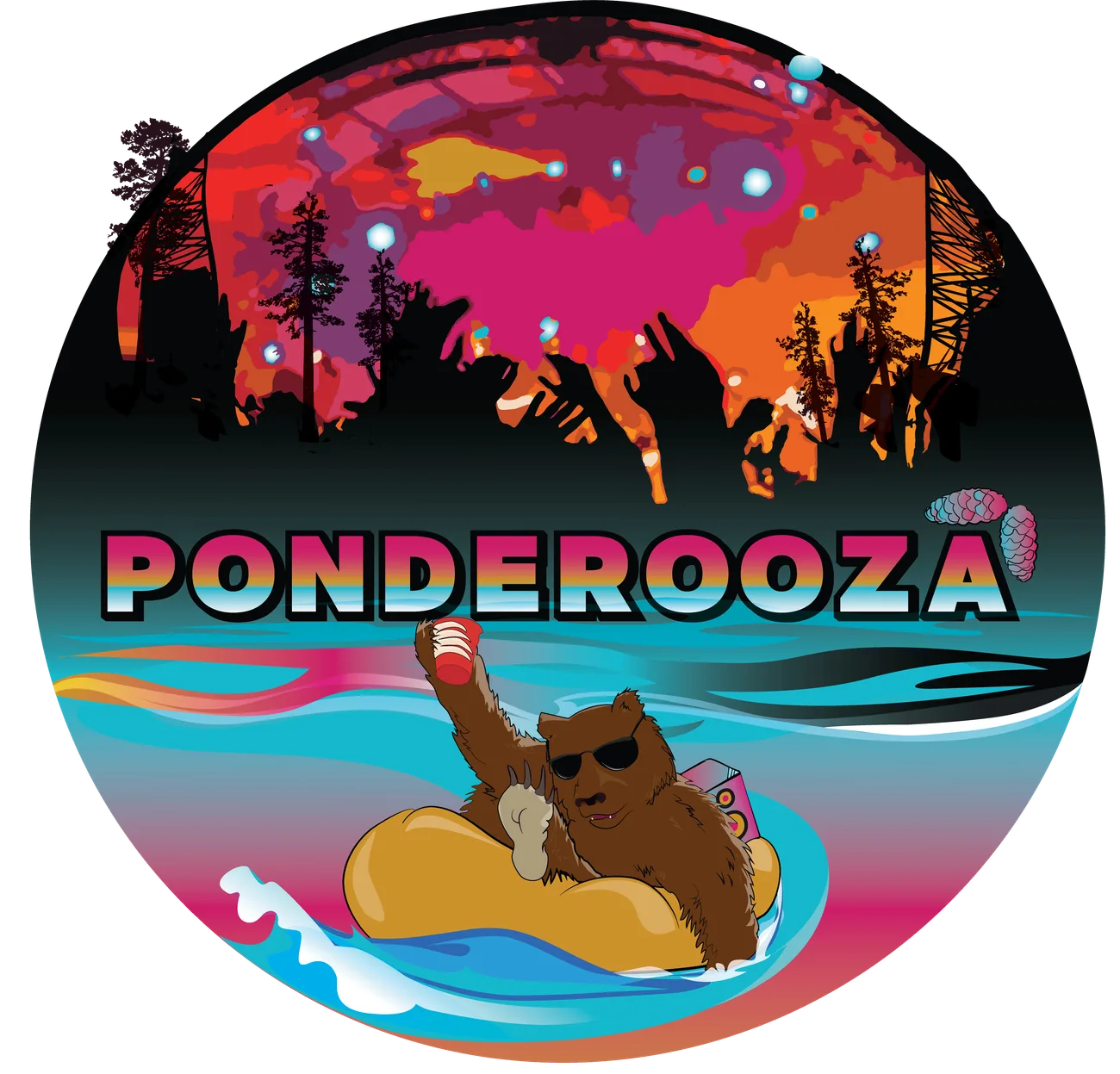 Circular badge showing a bear on an inner tube drifting past a burnt orange sunset and pine trees