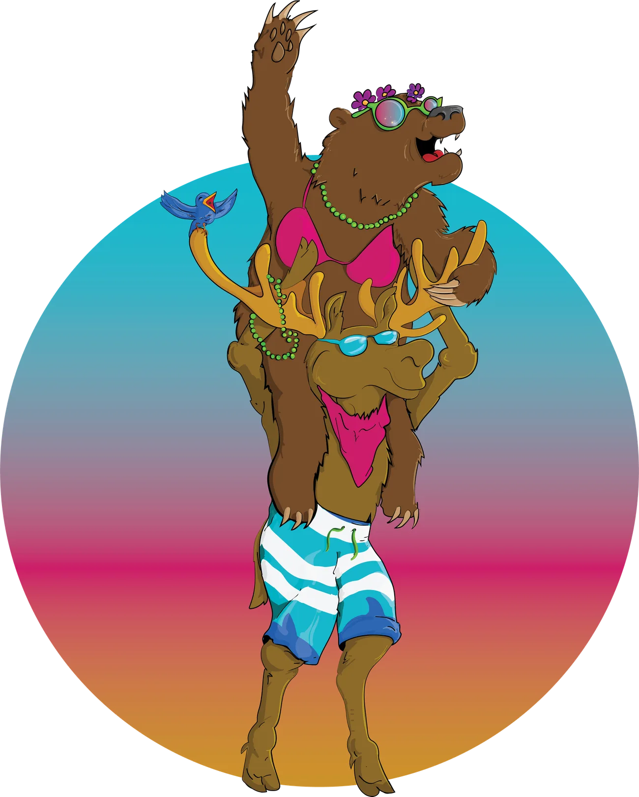 Illustrated bear standing on a moose, arm raised, against a pink and blue gradient sky