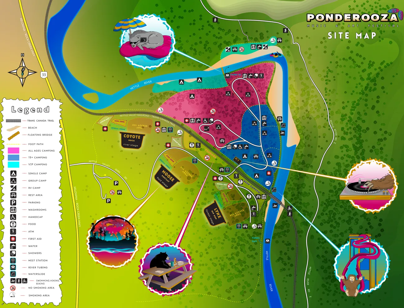 Illustrated site map of the festival grounds with a river running through and numbered stages