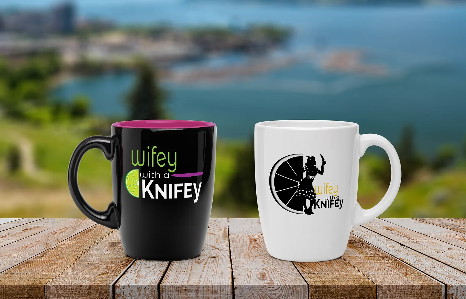 Black and white mugs printed with the wordmark and the knife submark