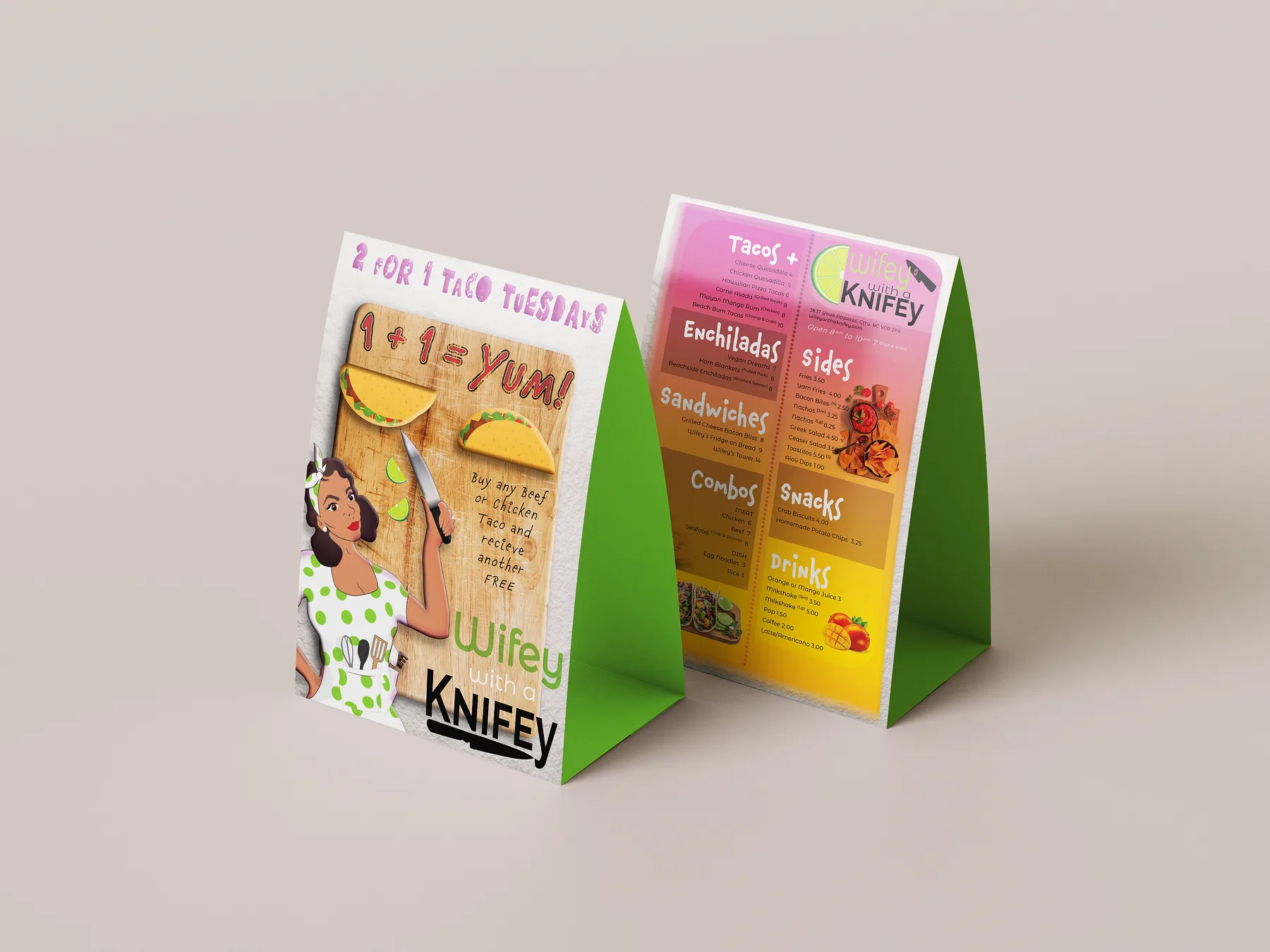 Two printed table tents standing side by side, one showing the Taco Tuesday offer and one the full menu