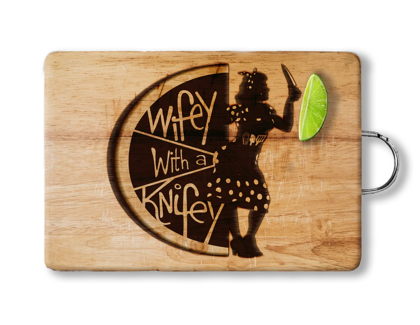 Wooden cutting board with the Wifey with a Knifey logo branded into the grain, beside a lime wedge