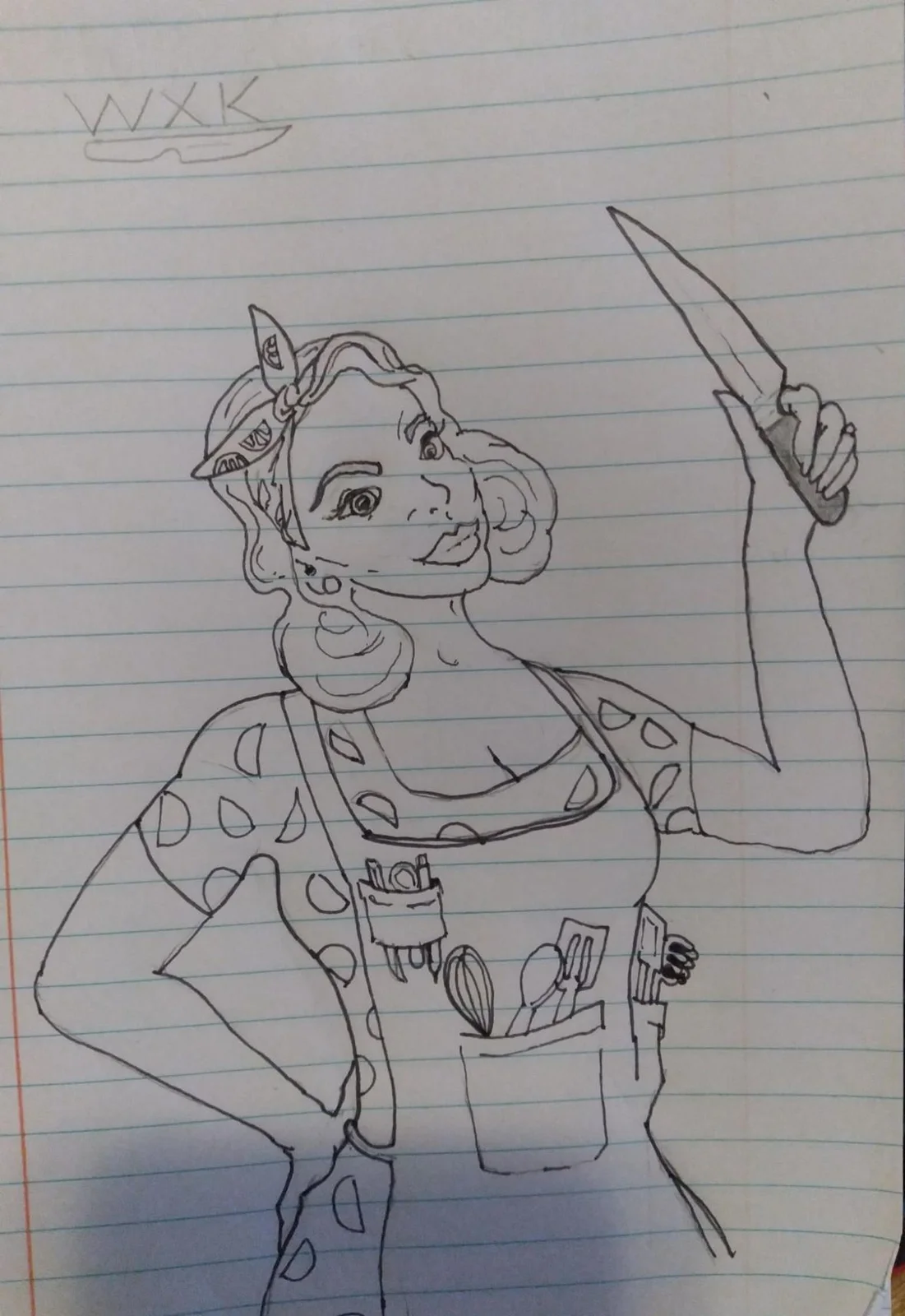 Pencil and ink drawing of the pin-up character raising a knife, her apron pocket full of kitchen tools and her dress covered in lime-slice dots
