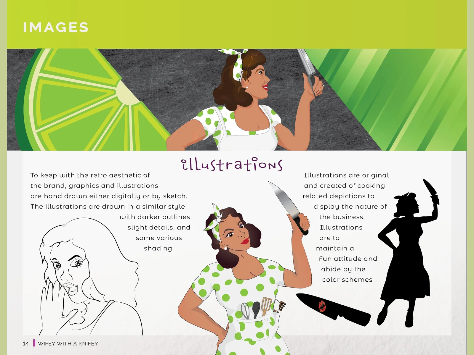 Style guide illustration page showing the character as line art, in full colour and as a black silhouette