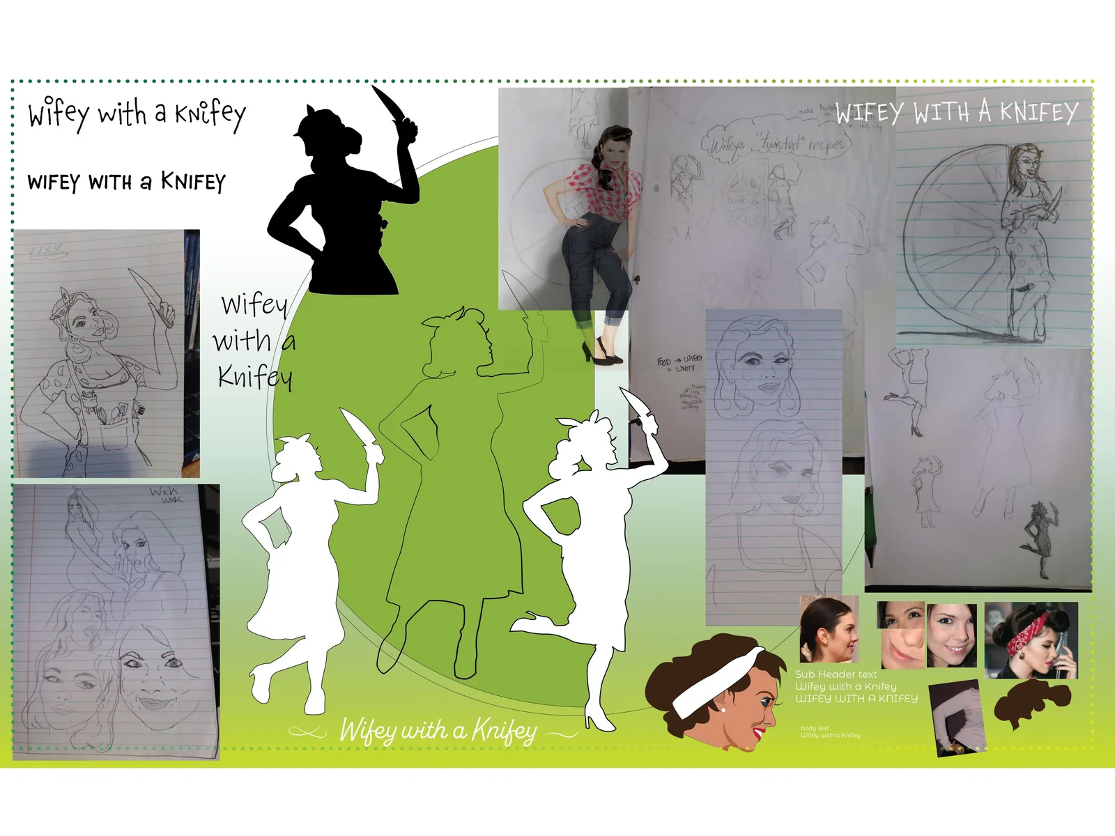 Moodboard collage of pin-up photographs, knife-wielding silhouettes and early pencil roughs on a lime-green ground