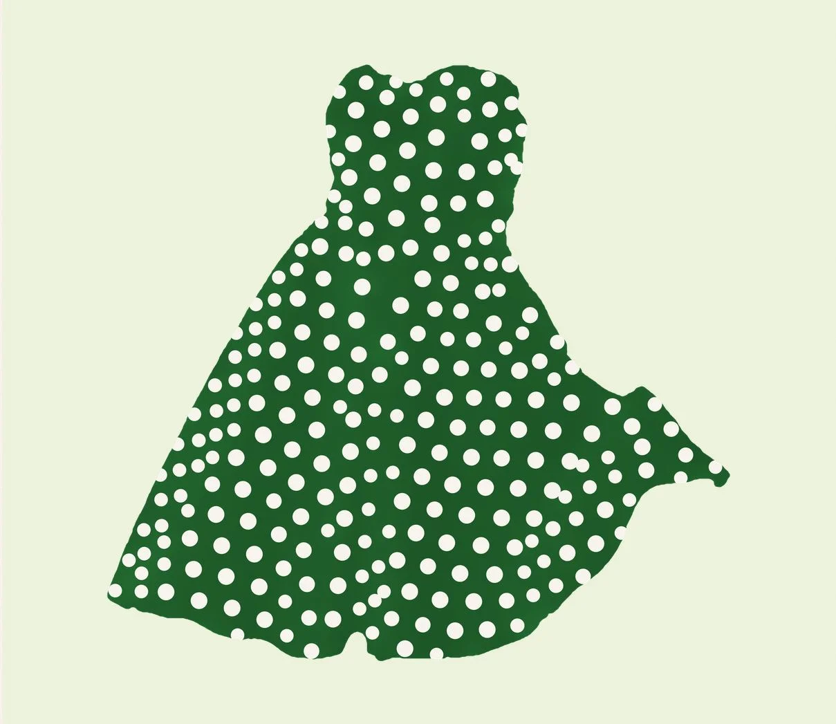 Green fishtail dress silhouette covered in white polka dots, on pale green