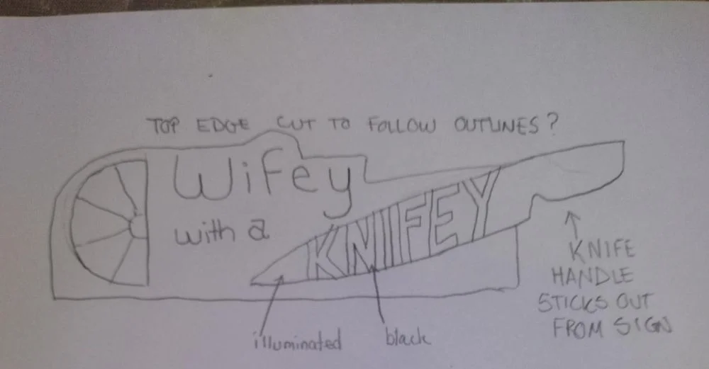 Pencil sketch of a knife-shaped sign carrying the lime and the lettering, with notes reading illuminated, black, and knife handle sticks out from sign
