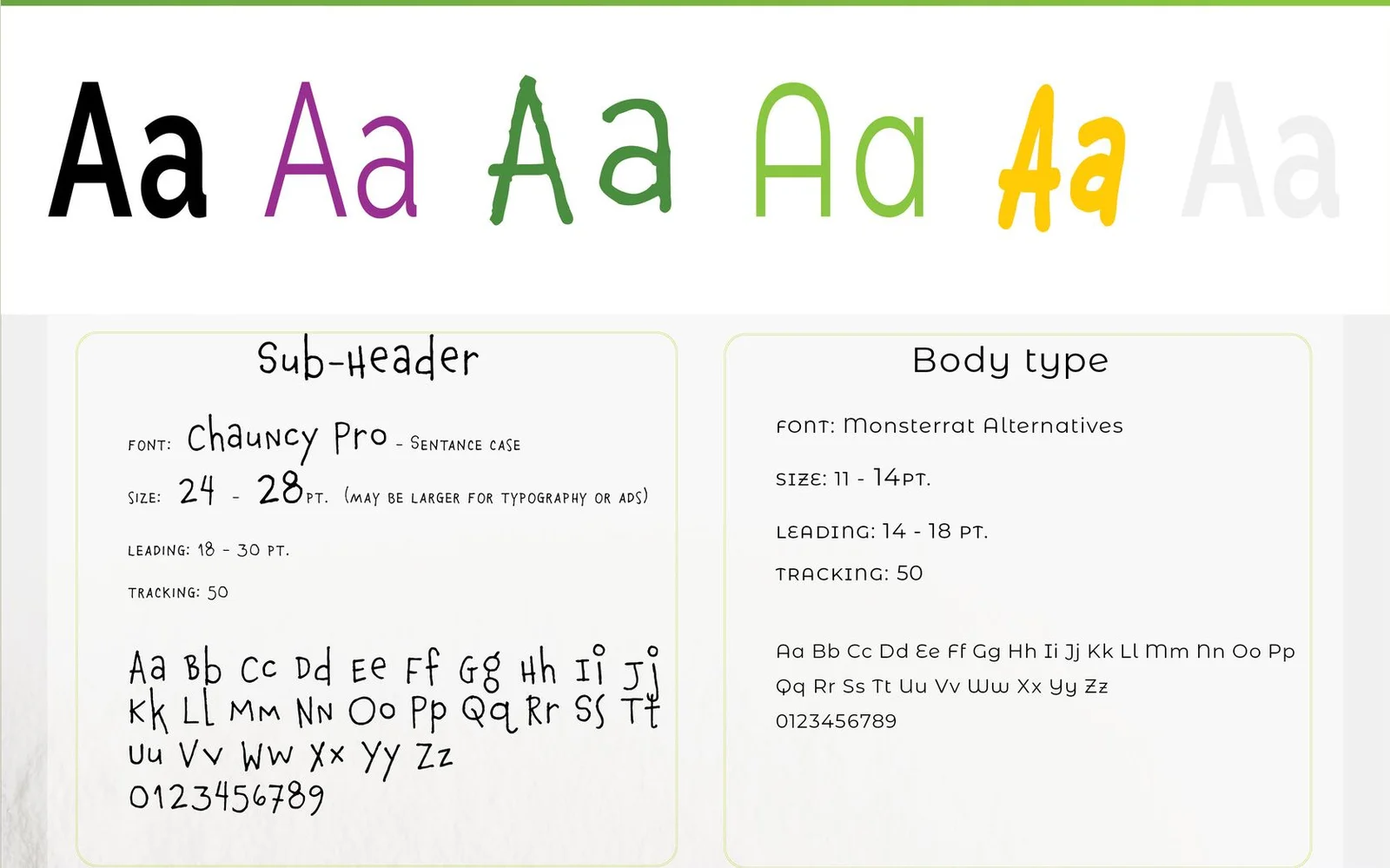 Type specimen: a row of coloured Aa characters above the Chauncy Pro sub-header and Montserrat Alternates body type settings