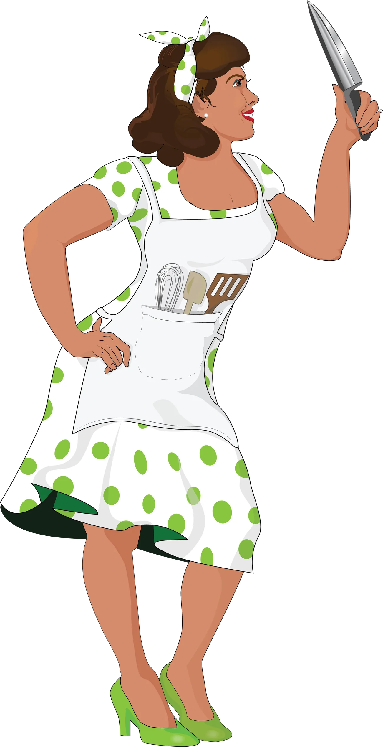 Hand-drawn pin-up character in a green polka-dot dress holding a kitchen knife