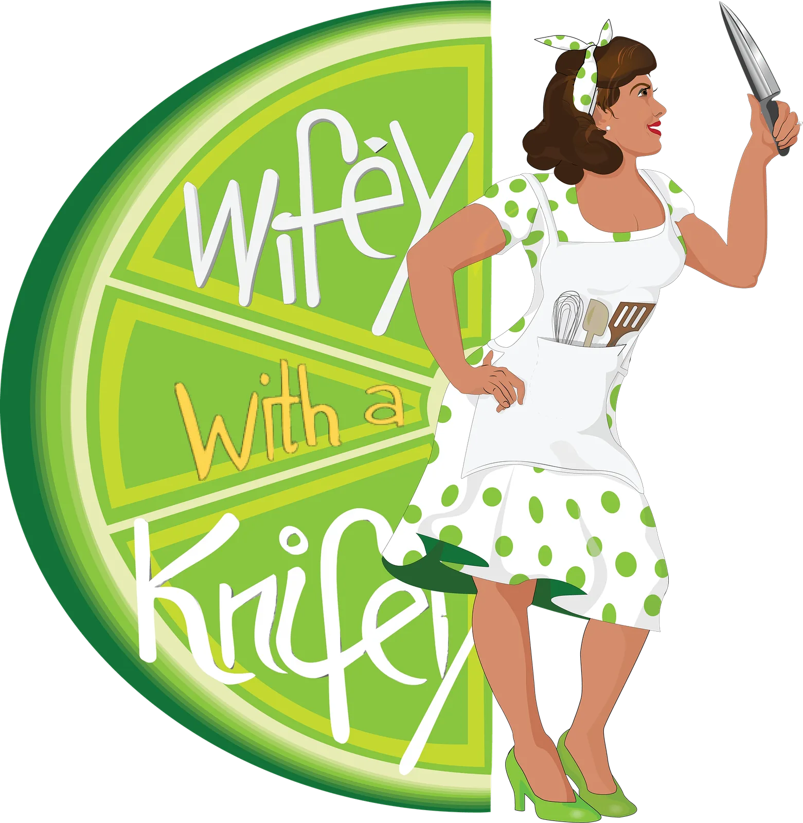 Primary logo: the pin-up mascot with a raised knife, standing against a half lime carrying the Wifey with a Knifey lettering